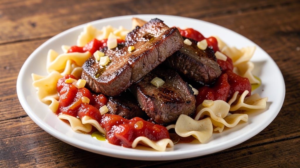 Beef and Shell Pasta Recipe: Crispy Tortilla Crowns Over Umami Tomato Base