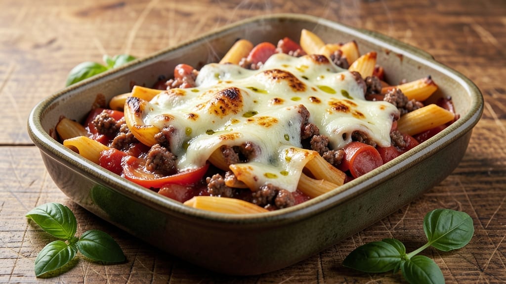 Baked Ziti Recipe with Ground Beef and Sausage: Meaty Layers of Cheese and Crispy Topping