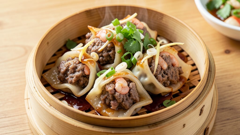 Beef and Shrimp Wonton Soup Recipe: Crispy Wontons Floating in Savory Broth