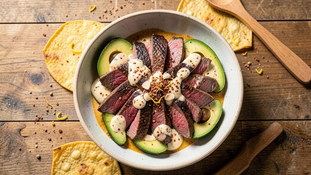 Beef and Avocado Recipe: Smoky Charred Tortilla Crunch Over Creamy Cumin Base