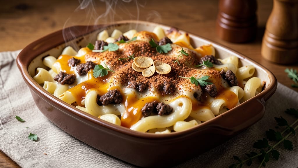 Baked Mac and Cheese With Beef Recipe: Crispy Tortilla Crowns Over Savory Cheese and Meat