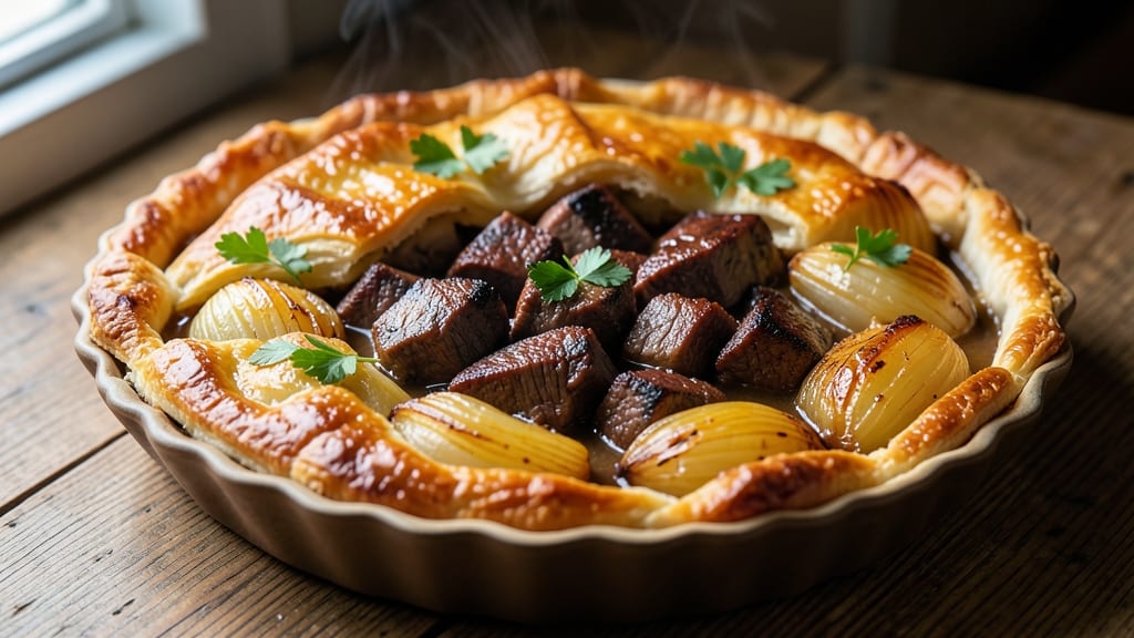 Beef and Onion Pie Recipe UK: Flaky Pastry Crust Over Savory Beef Filling