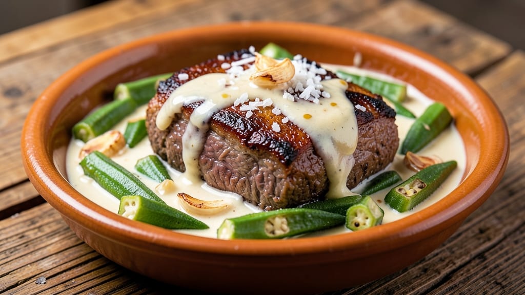 Beef Bicol Express Recipe: Smoky Charred Tortilla Crunch Over Creamy Okra Base