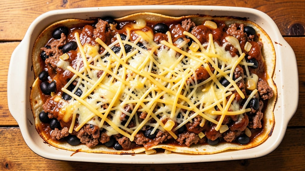 Beef and Black Bean Enchilada Casserole Recipe: Smoky Tortilla Crust Over Melty Cheese Layers