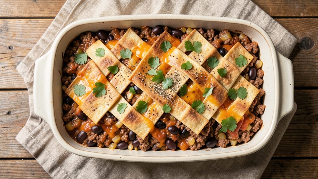 Beef and Bean Burrito Casserole Recipe: Crispy Tortilla Crowns Over Melty Cheese Rivers