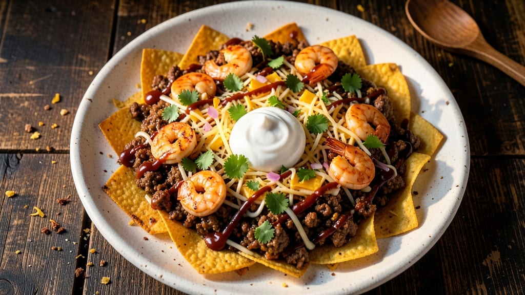 Beef and Shrimp Nachos Recipe: Crispy Tortilla Layers Loaded With Melty Cheese Rivers