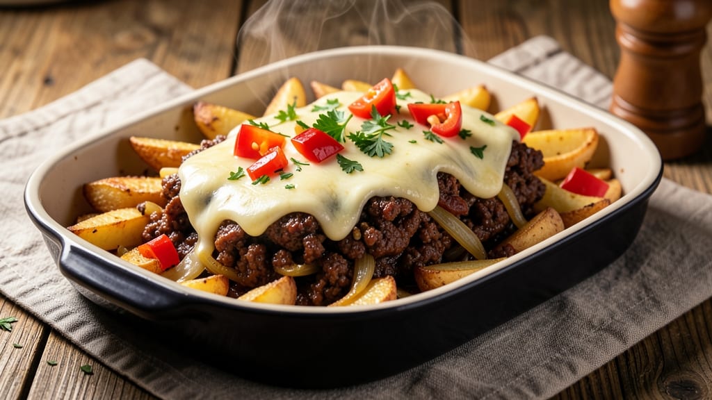 Beef and Tater Bake Recipe: Cheesy Crispy Layers With Caramelized Peppers