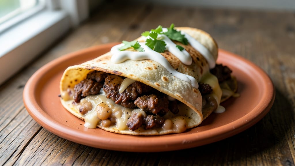 Baked Beef and Bean Burrito Recipe: Crispy Tortilla Crunch Over Melty Cheese Rivers