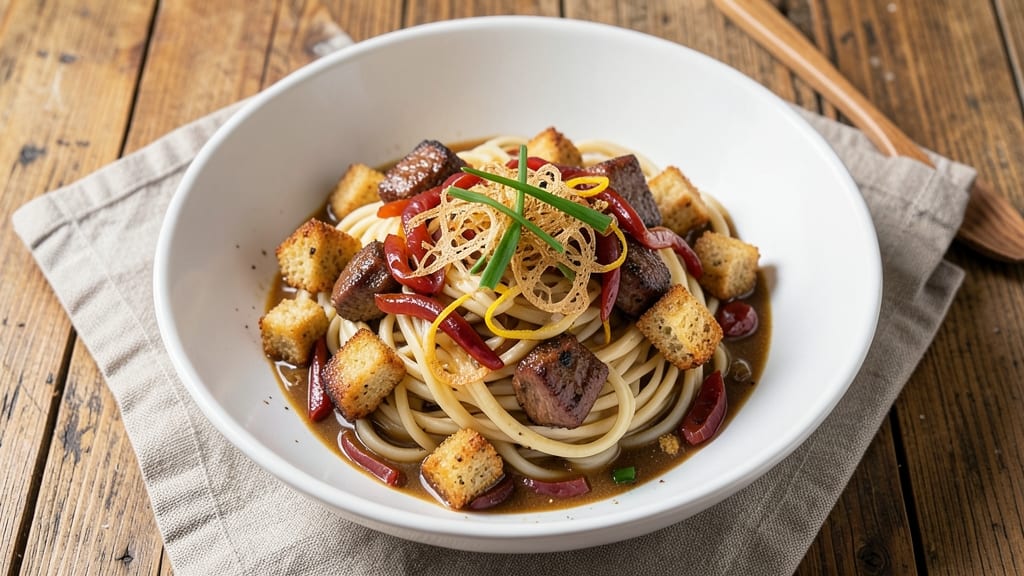 Beef and Noodles Recipe with French Onion Soup: Crispy Onion Crowns Over Rich Beef Broth