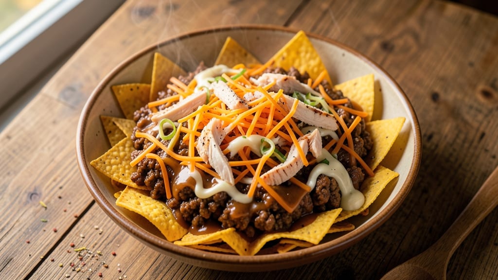 Beef and Chicken Nachos Recipe: Crispy Tortilla Stacks with Loaded Cheese Rivers