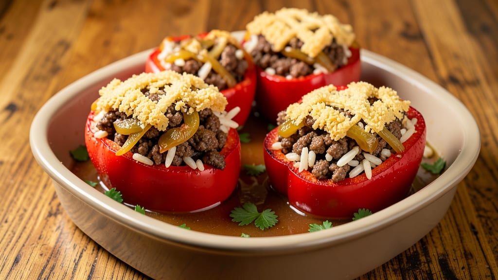 Beef and Rice Stuffed Bell Peppers Recipe: Hearty One-Pan Dinner With Melty Cheese Topping