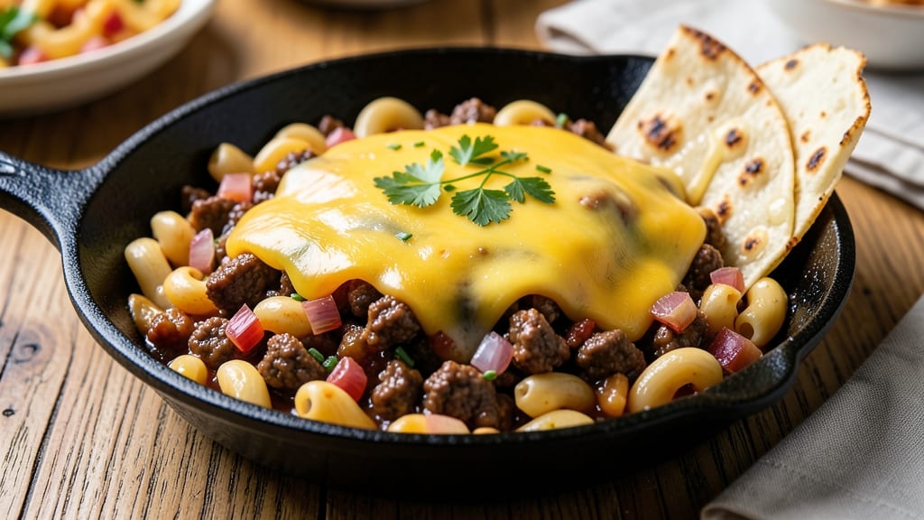 Beef and Macaroni Skillet Recipe: Crispy Tortilla Crowns Over Melty Cheese Rivers