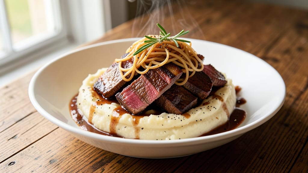 Beef and Noodles Over Mashed Potatoes Recipe: Savory Beef and Egg Noodles Blanketed in Creamy Spuds