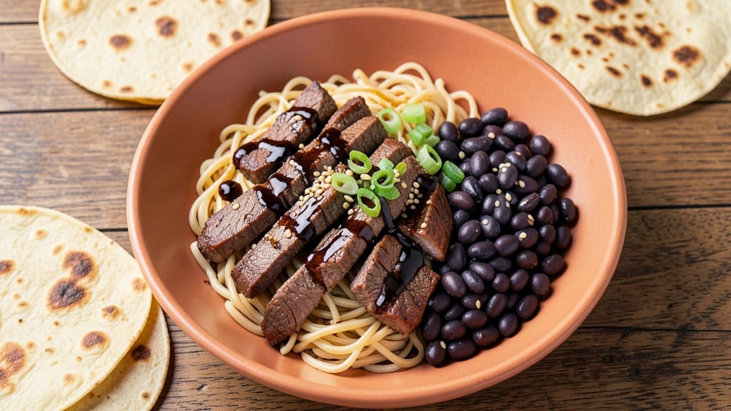 Beef and Black Bean Noodles Recipe: Spiced Tortilla Crust Over Hearty Soy-Ginger Base