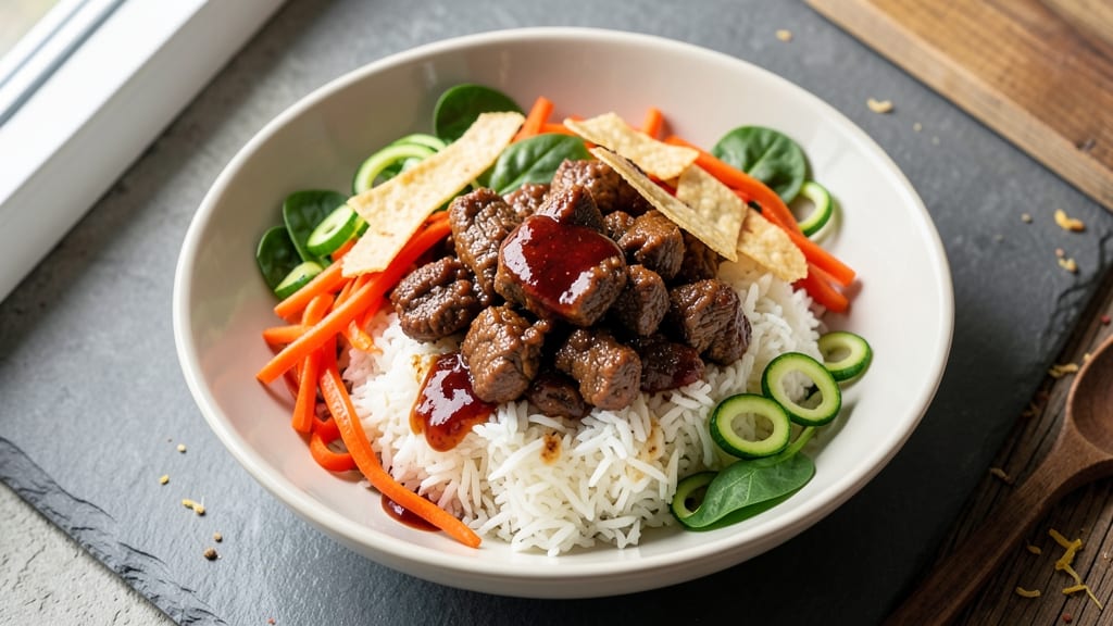 Beef Bibimbap Bowl Recipe: Crispy Tortilla Crowns Over Savory Rice and Veggie Medley