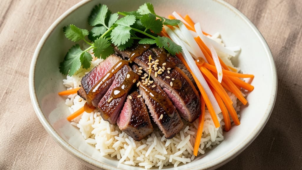 Beef Banh Mi Bowl Recipe: Smoky Cumin Beef Over Pickled Veggies and Crispy Rice