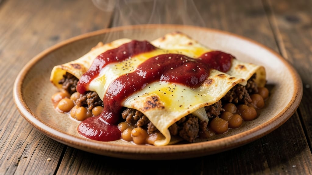 Beef and Refried Bean Enchiladas Recipe: Smoky Tortilla Crunch Over Melty Cheese Rivers