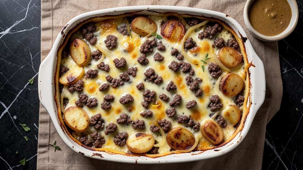 Beef and Cheddar Casserole Recipe: Crispy Topped Cheese and Potato Layers