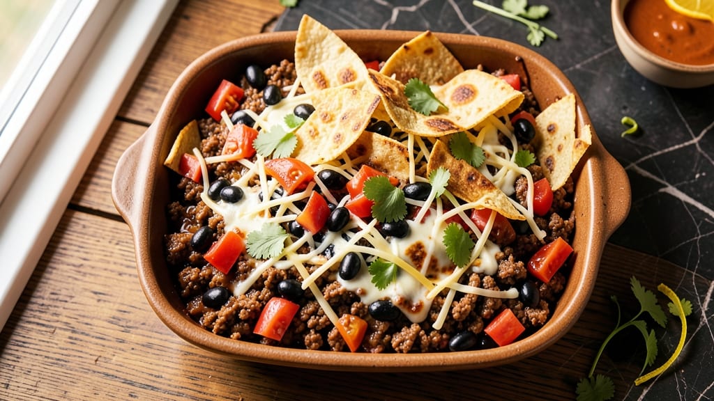 Beef and Black Bean Casserole Recipe: Crispy Tortilla Crowns Over Smoky Cheese Rivers