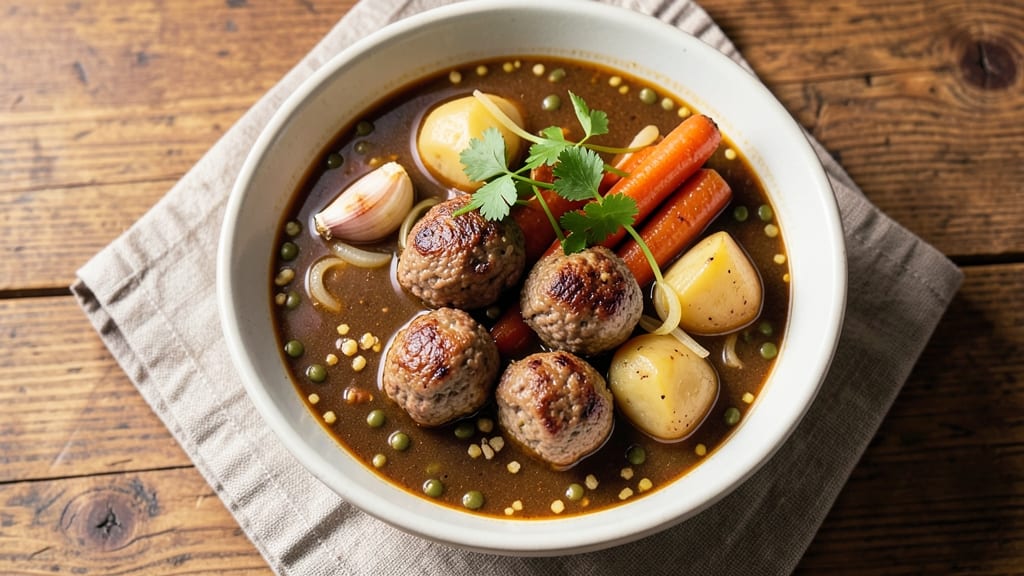 Ball Vegetable Beef Soup Recipe: Crispy Tortilla Crowns Over Earthy Lentil Base