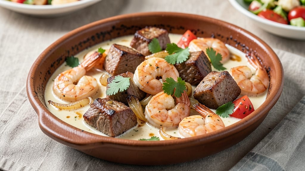 Beef and Shrimp Recipe: Spicy Tomato-Coconut Stew With Crispy Tortilla Crowns