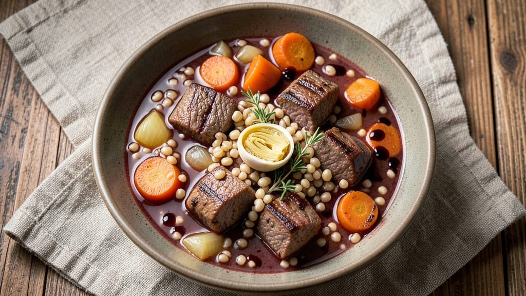 Beef Barley Soup with Red Wine Recipe: Deep-Red Wine Infusion and Hearty Barley Bites