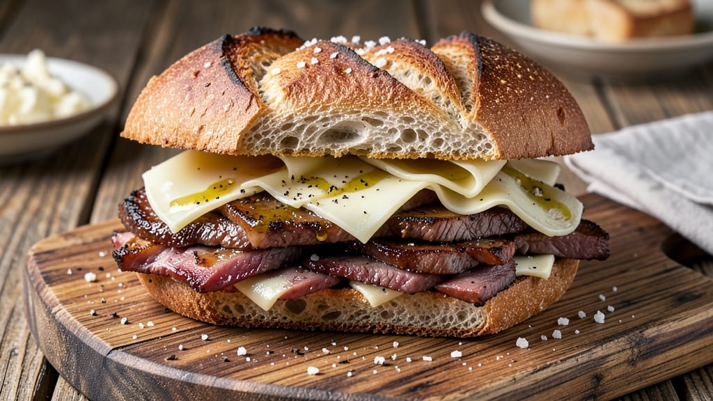 Asiago Roast Beef Sandwiches Recipe: Melted Cheese and Tender Meat Layers