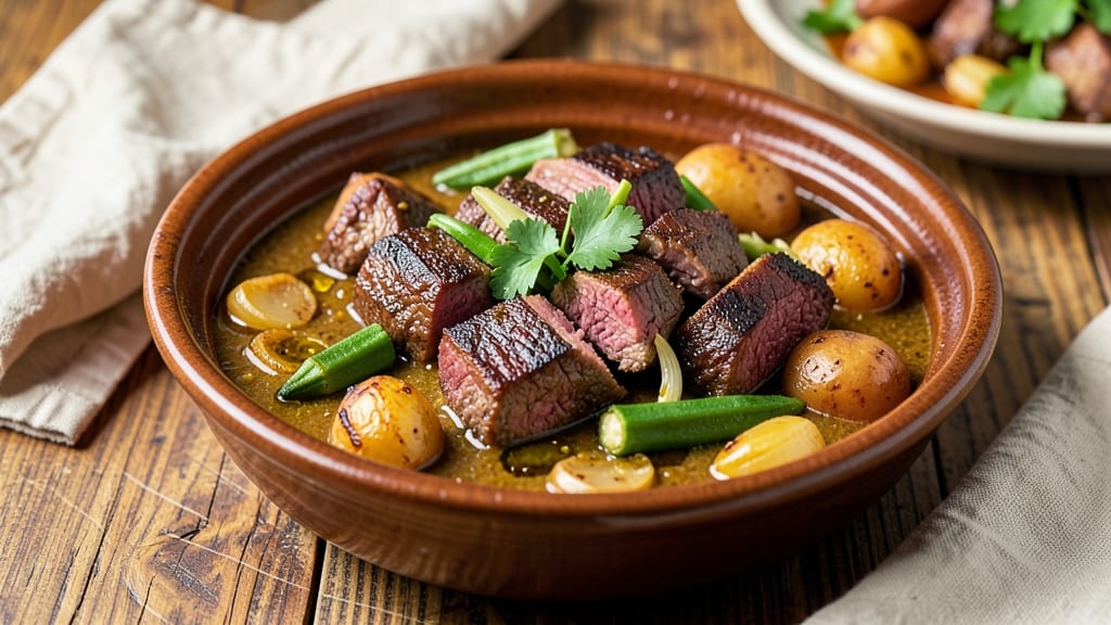 Beef Bamia Recipe: Okra-Steeped Stew With Crispy Tortilla Crowns